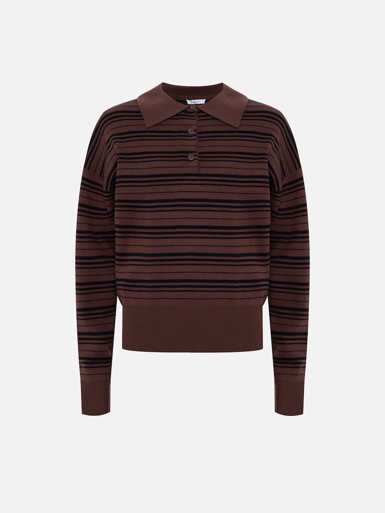 قميص بولو مخطط محبوك بأكمام طويلة