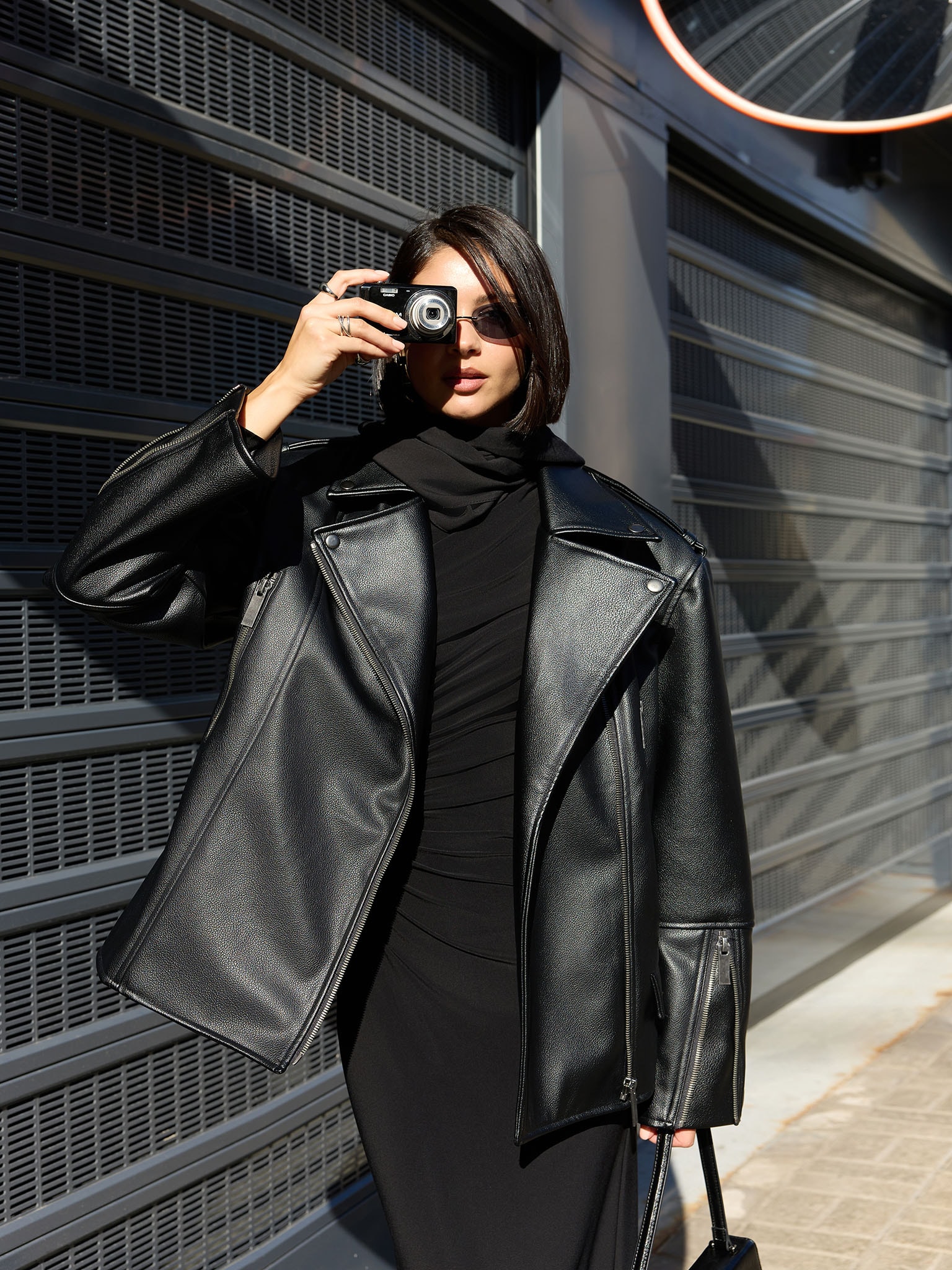 Eco-leather biker jacket with emphasised shoulders