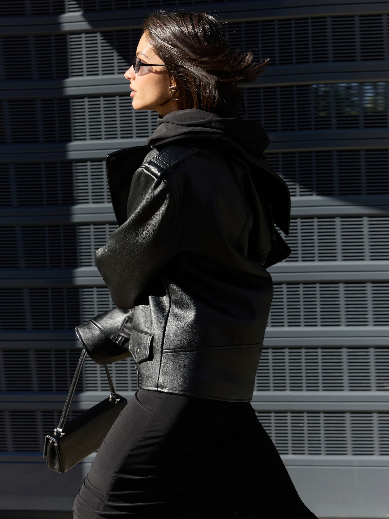 Eco-leather biker jacket with emphasised shoulders
