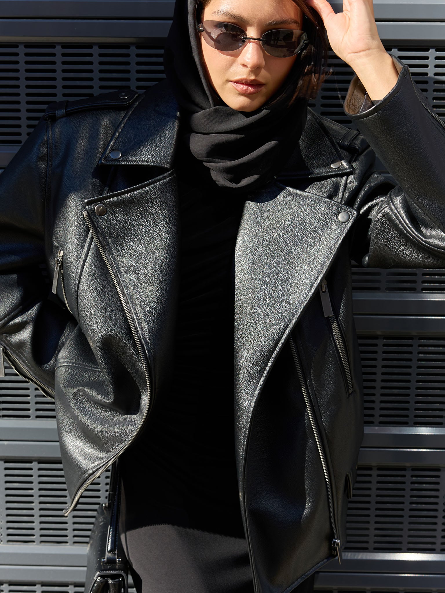 Eco-leather biker jacket with emphasised shoulders