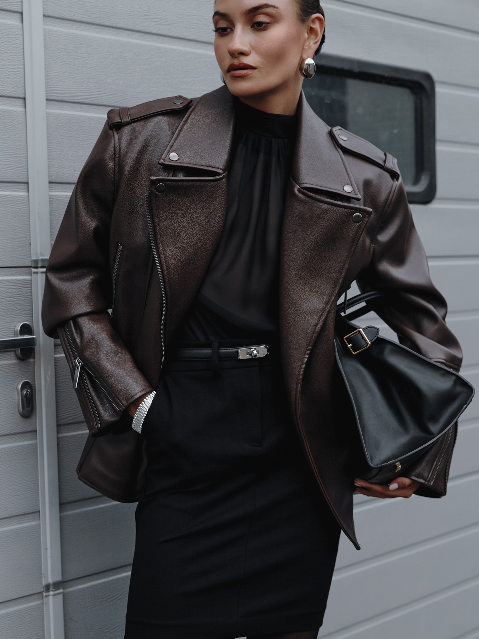 Eco-leather biker jacket with emphasised shoulders