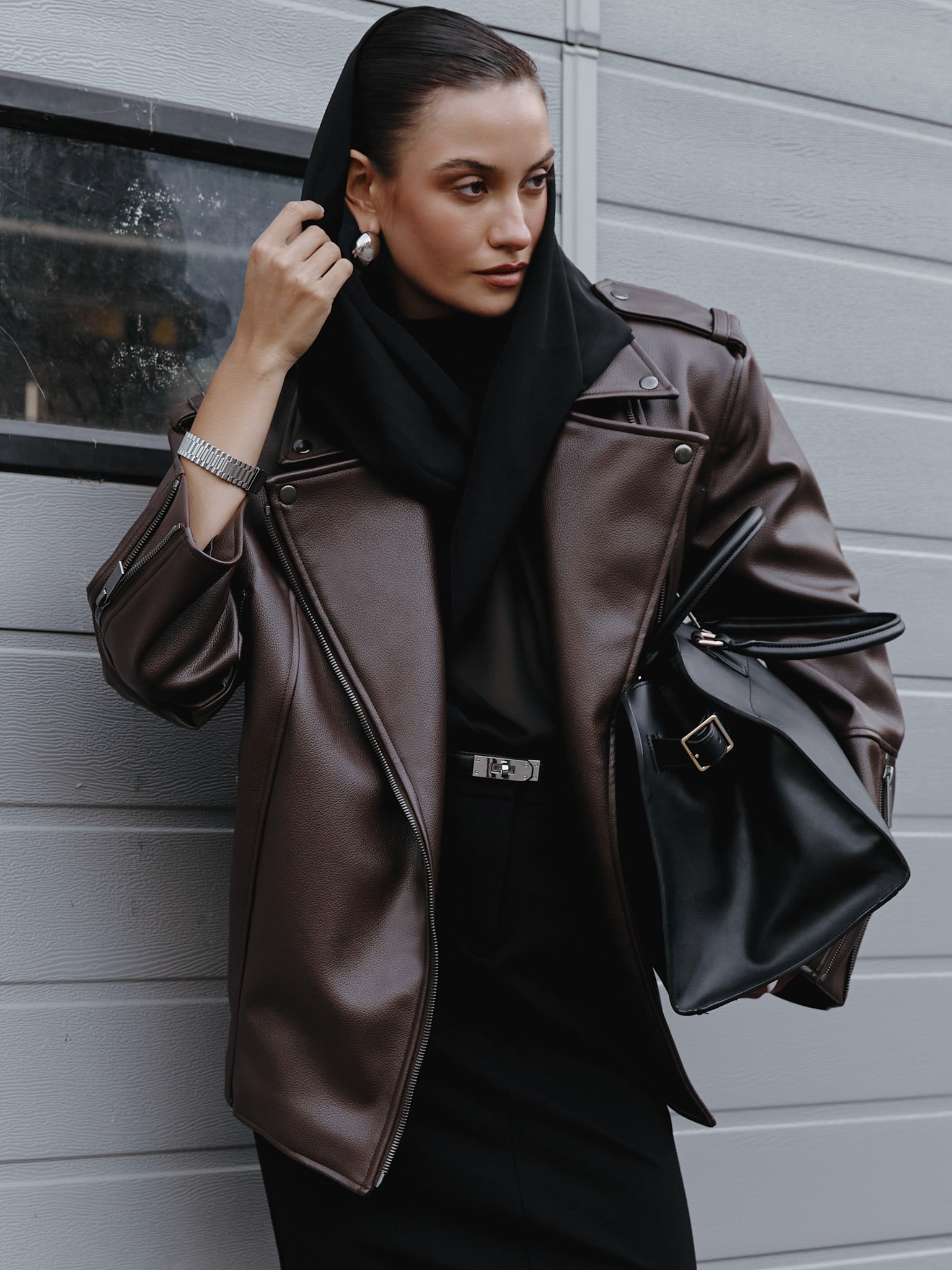 Eco-leather biker jacket with emphasised shoulders