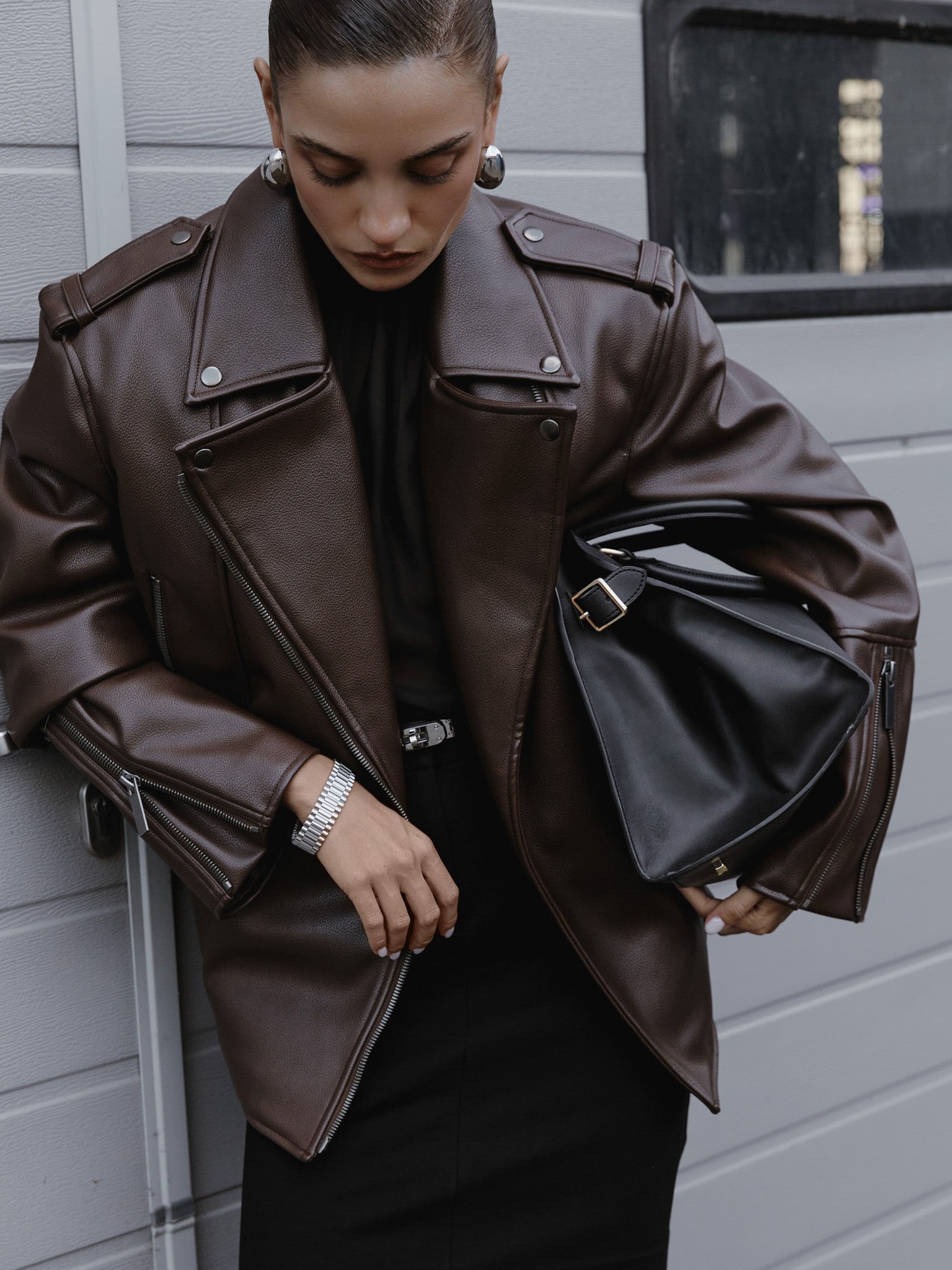 Eco-leather biker jacket with emphasised shoulders