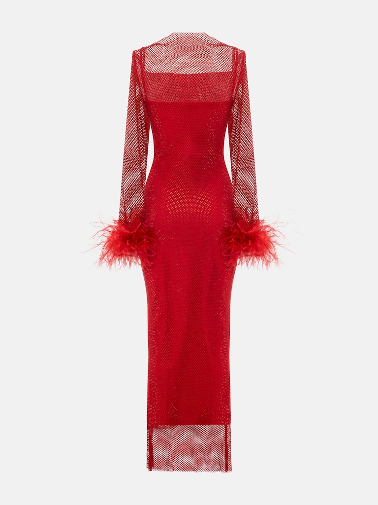 Robe maxi en filet avec plumes sur les manches