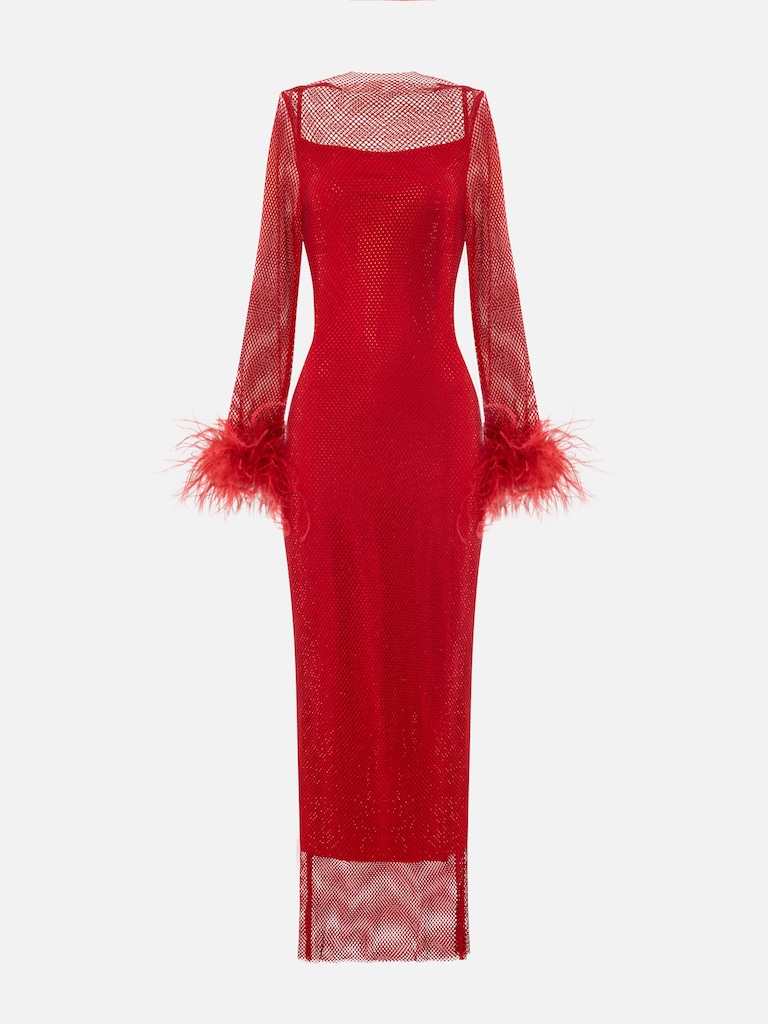 Robe maxi en filet avec plumes sur les manches