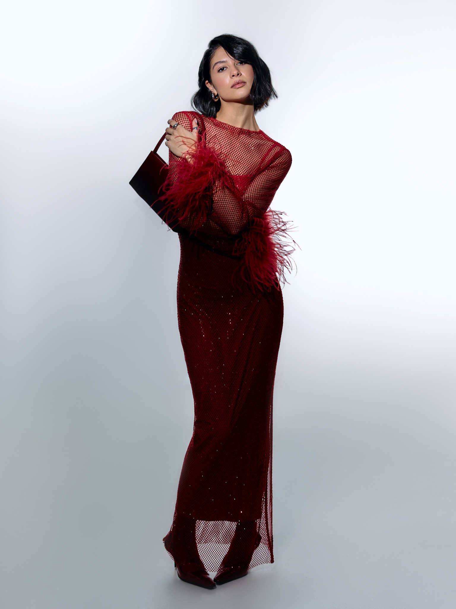 Mesh maxi dress with feathers on the sleeves