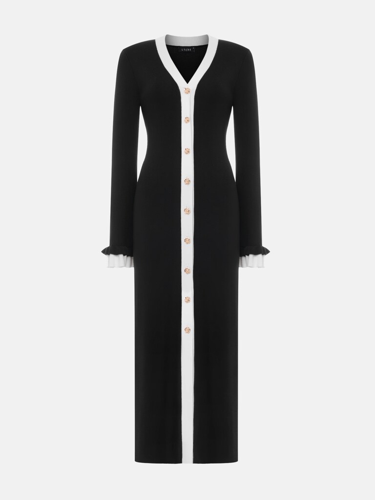Knitted maxi dress with contrasting cuffs and button fastening :: LICHI ...