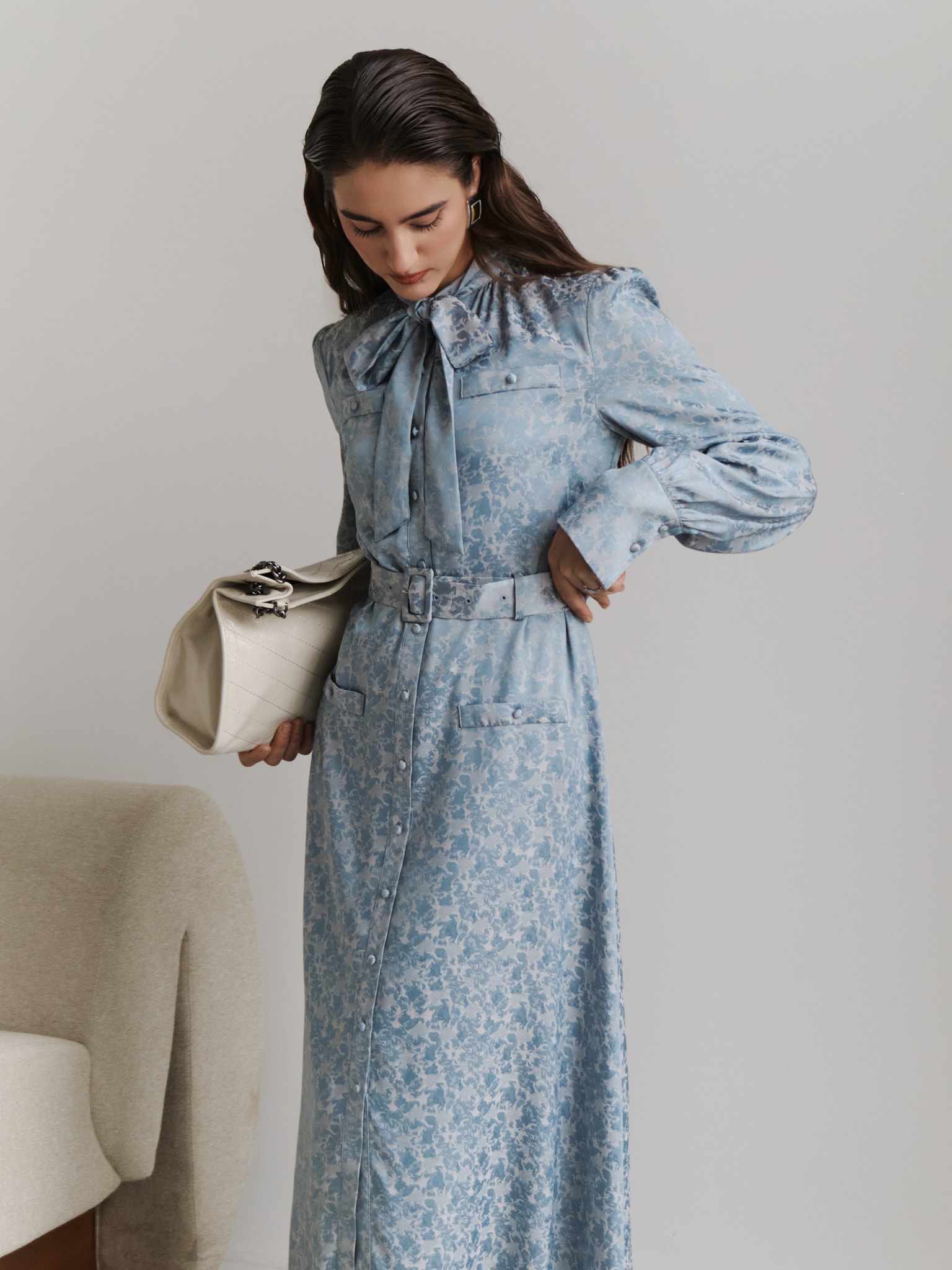 Midi dress with collar bow and tonal belt