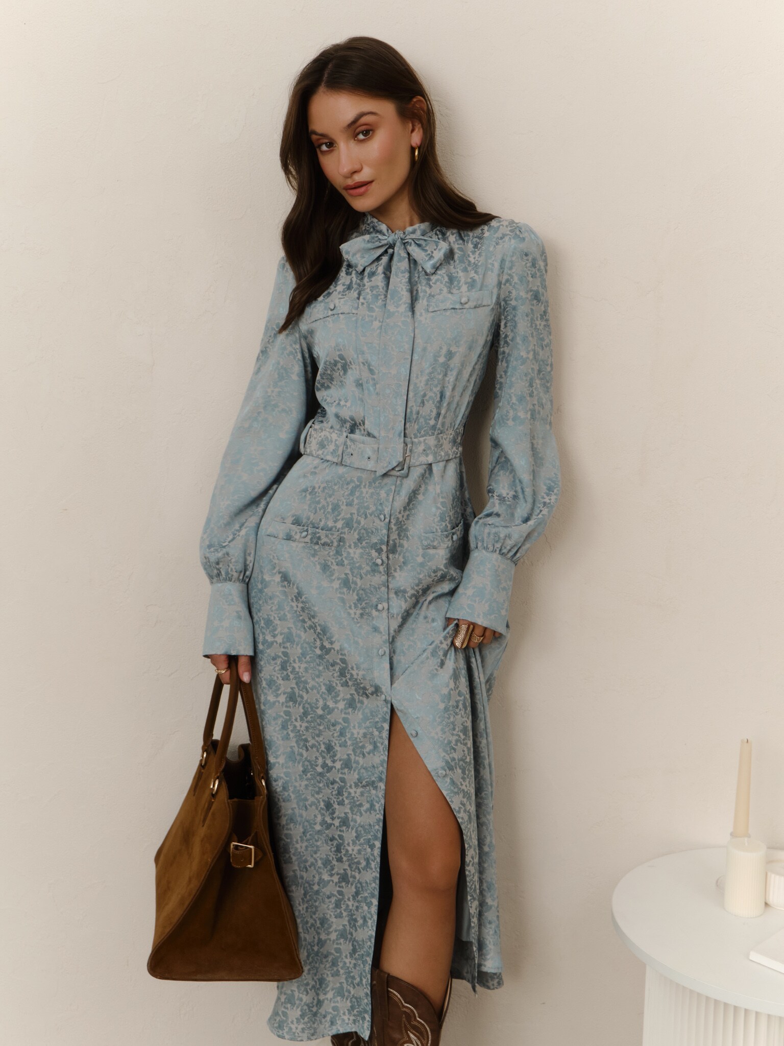 Midi dress with collar bow and tonal belt