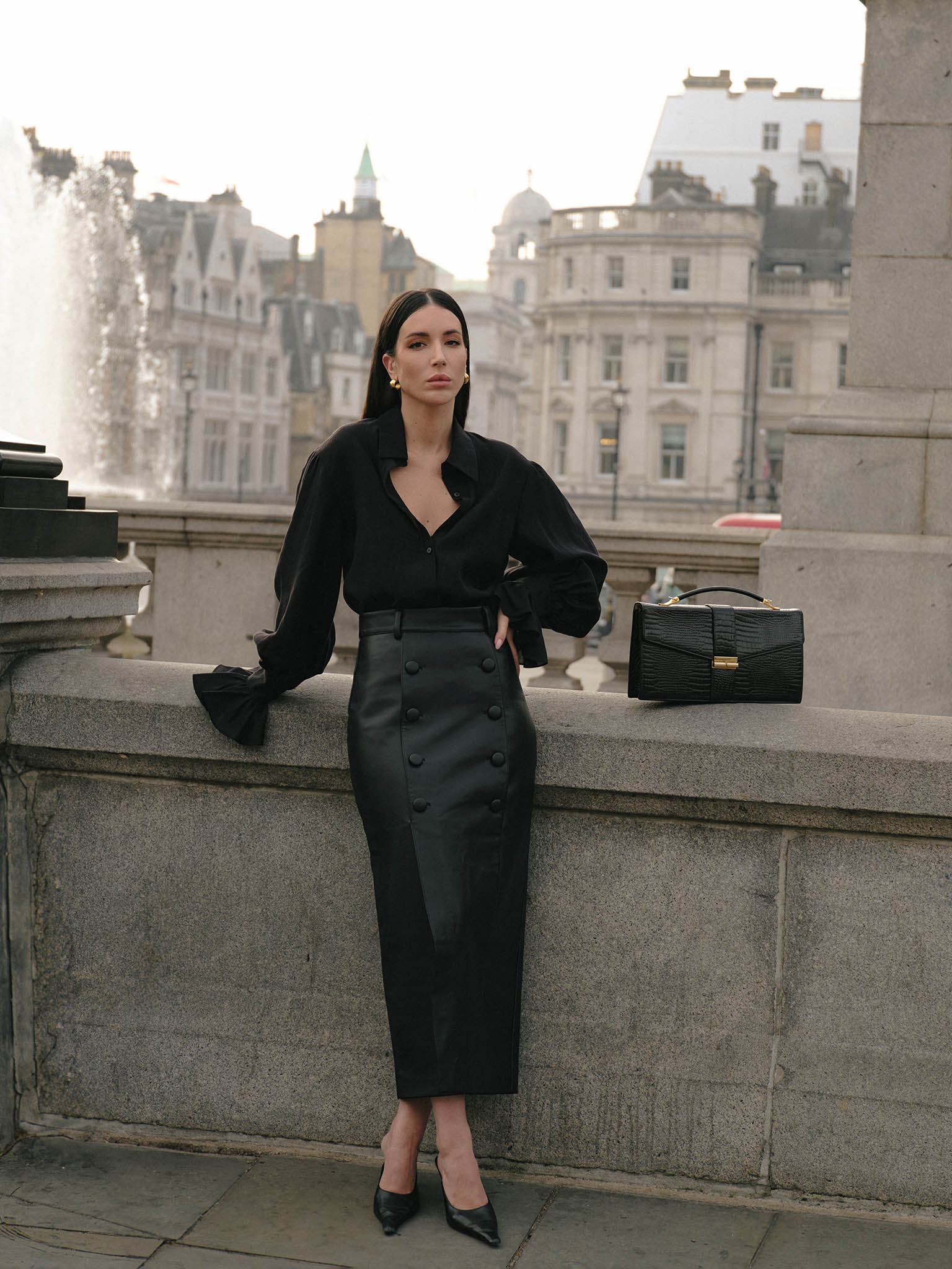 Eco-leather pencil midi skirt with large buttons :: LICHI Online fashion store