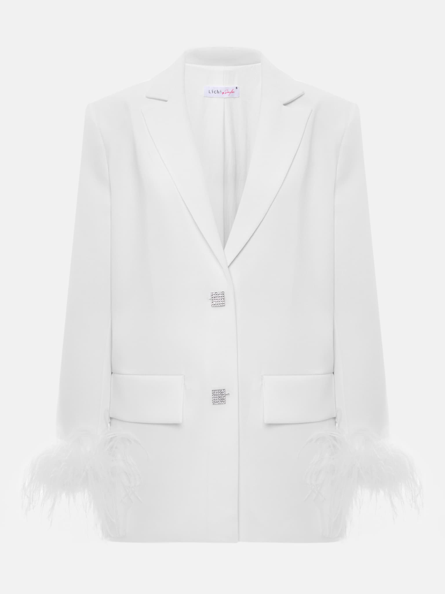 Single-breasted jacket with accent buttons and feathers
