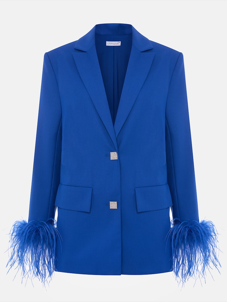 Однобортный жакет с акцентными пуговицами и перьями