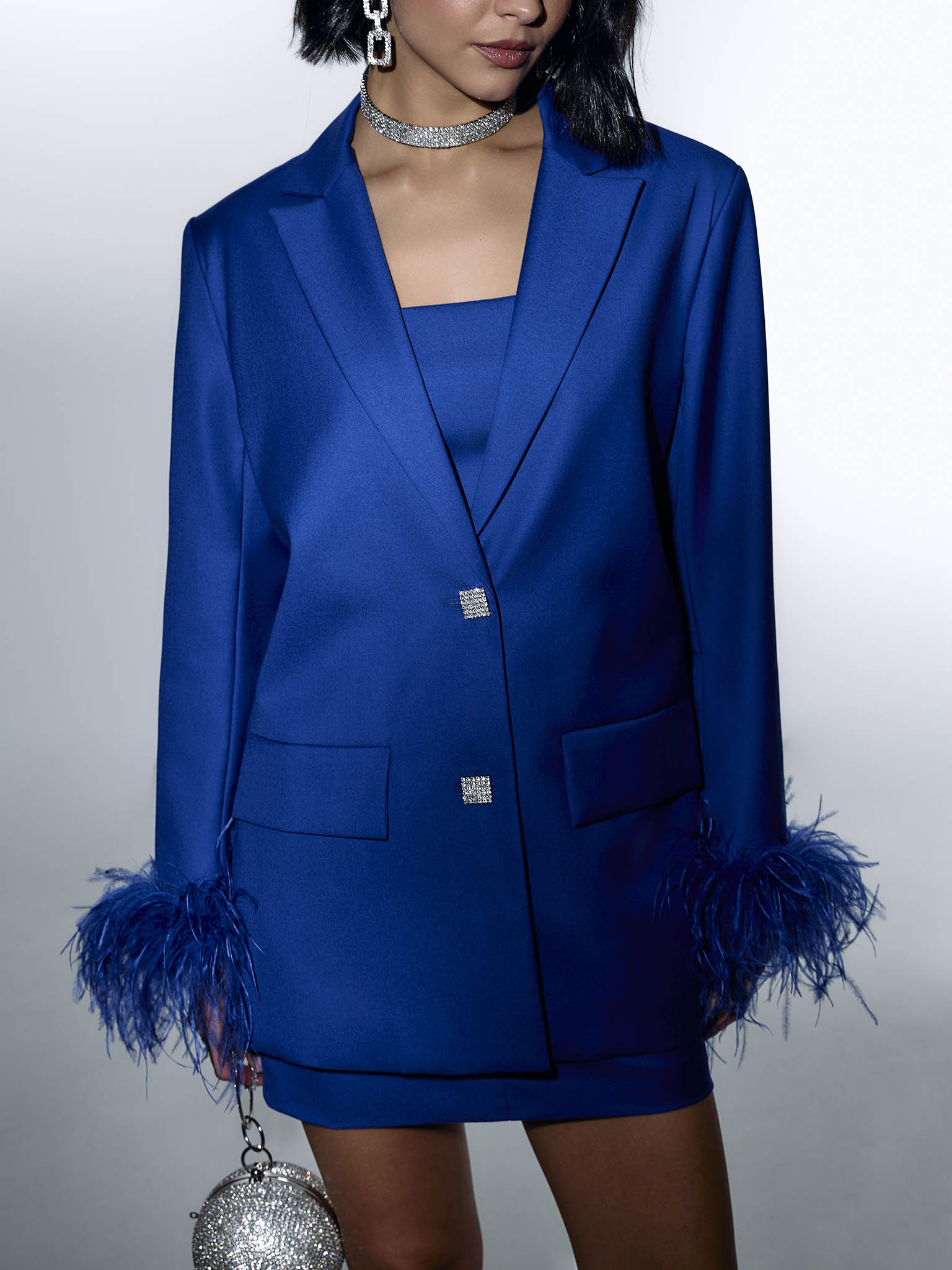 Single-breasted jacket with accent buttons and feathers