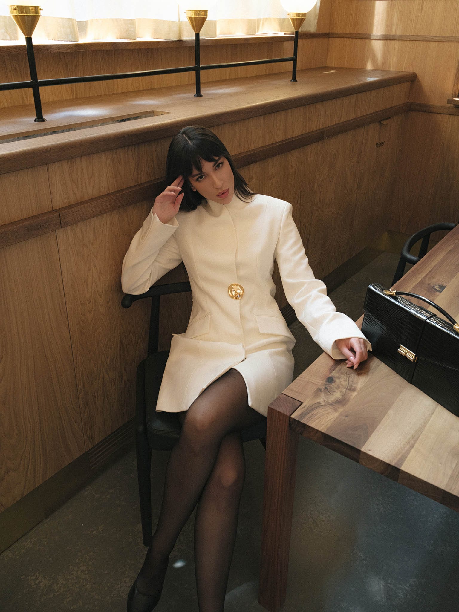 Mini blazer dress with an accent brooch