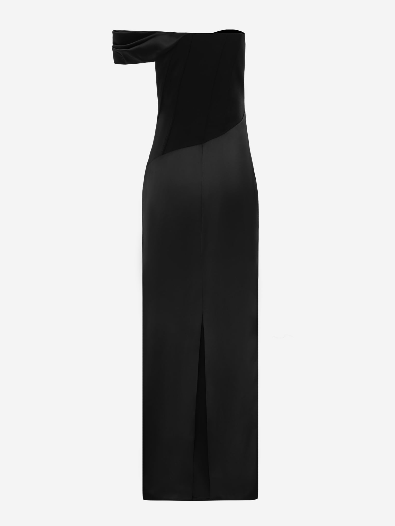 Maxi dress with open shoulders and side seam gathers