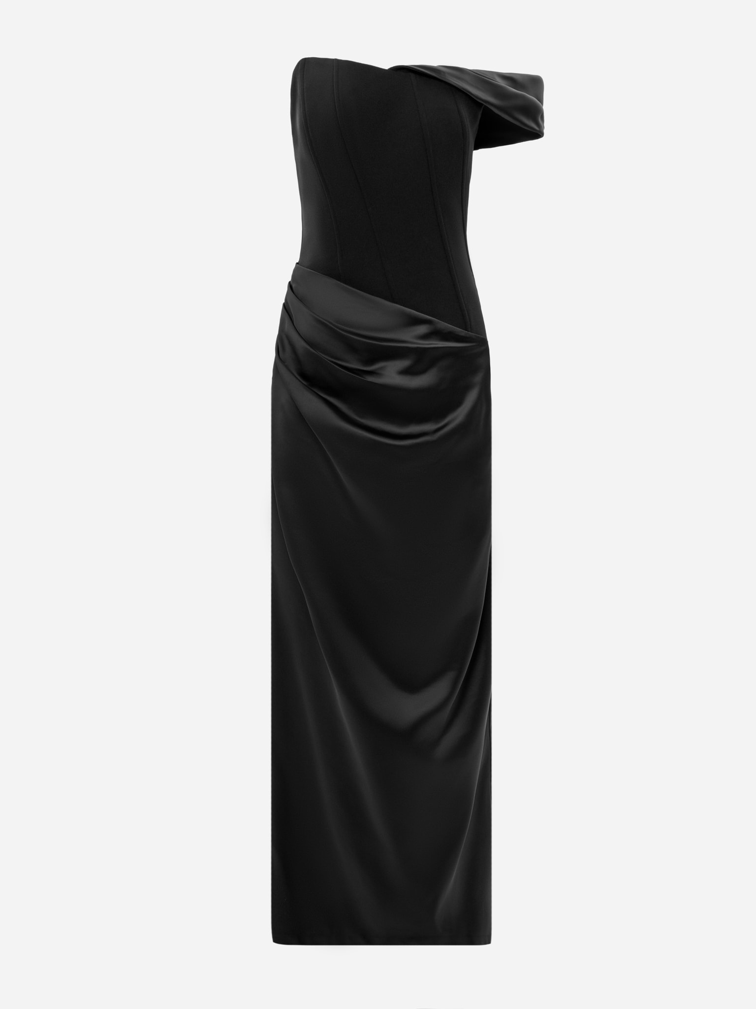 Maxi dress with open shoulders and side seam gathers