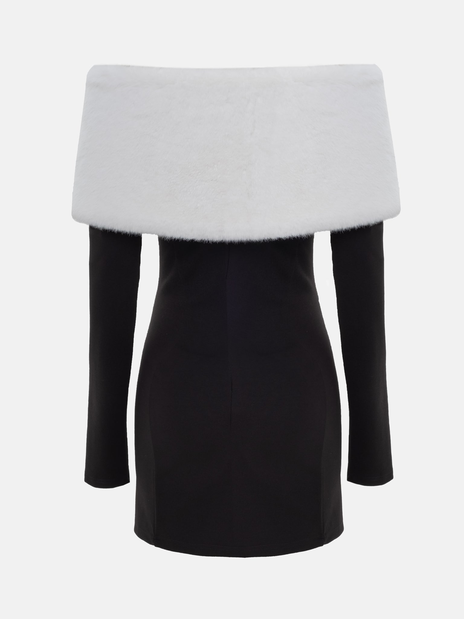 Mini dress with open shoulders and eco-fur decor on the bodice