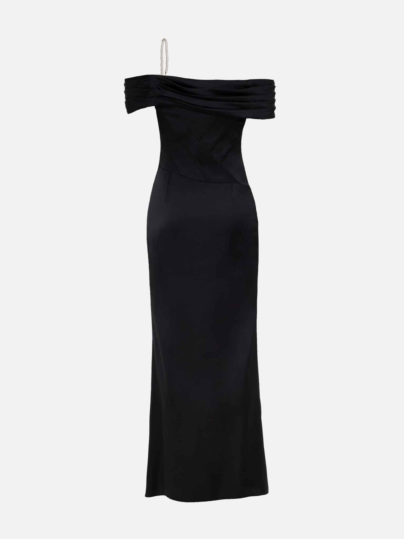 Satin maxi dress with open shoulders and diagonal boning on the bodice
