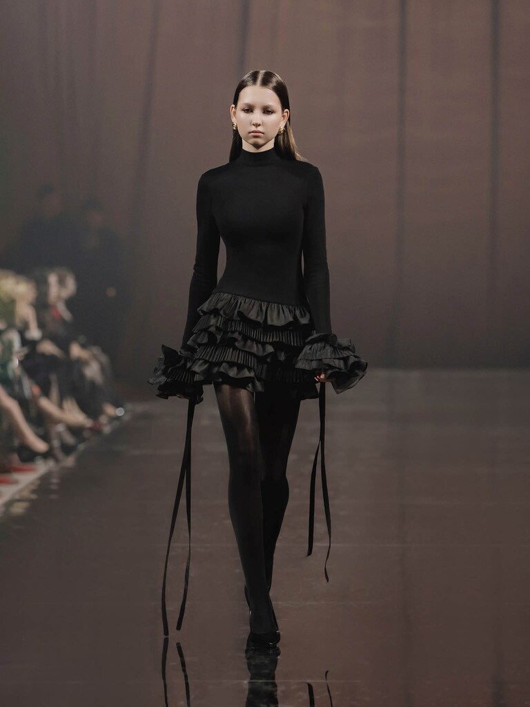 Mini jersey dress with pleated ruffles on the skirt