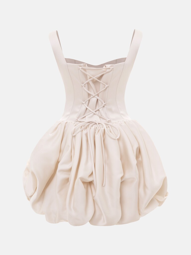 Satin strappy mini dress with voluminous flowers on the skirt