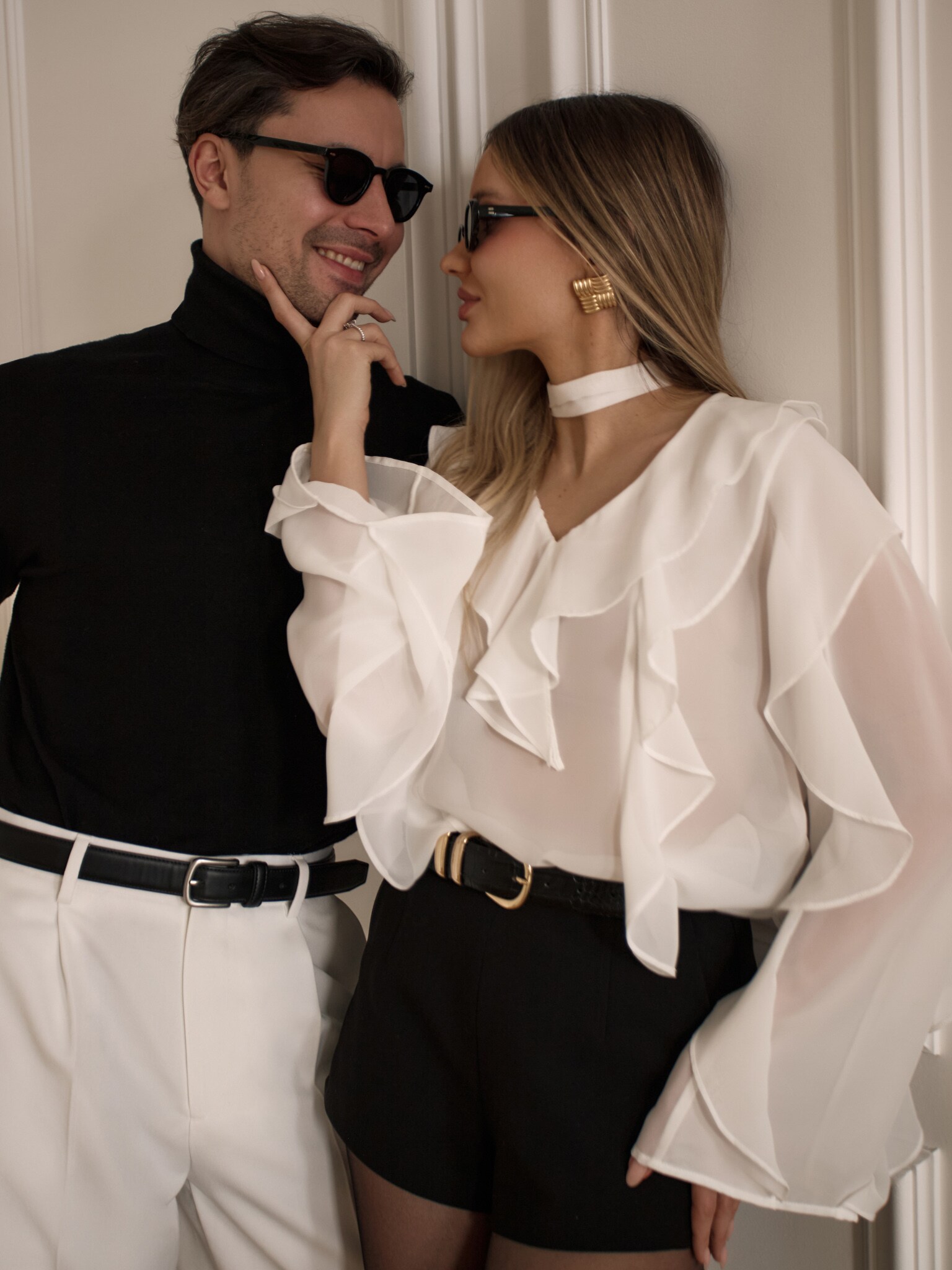 Semi-transparent blouse with flounces and ribbon scarf