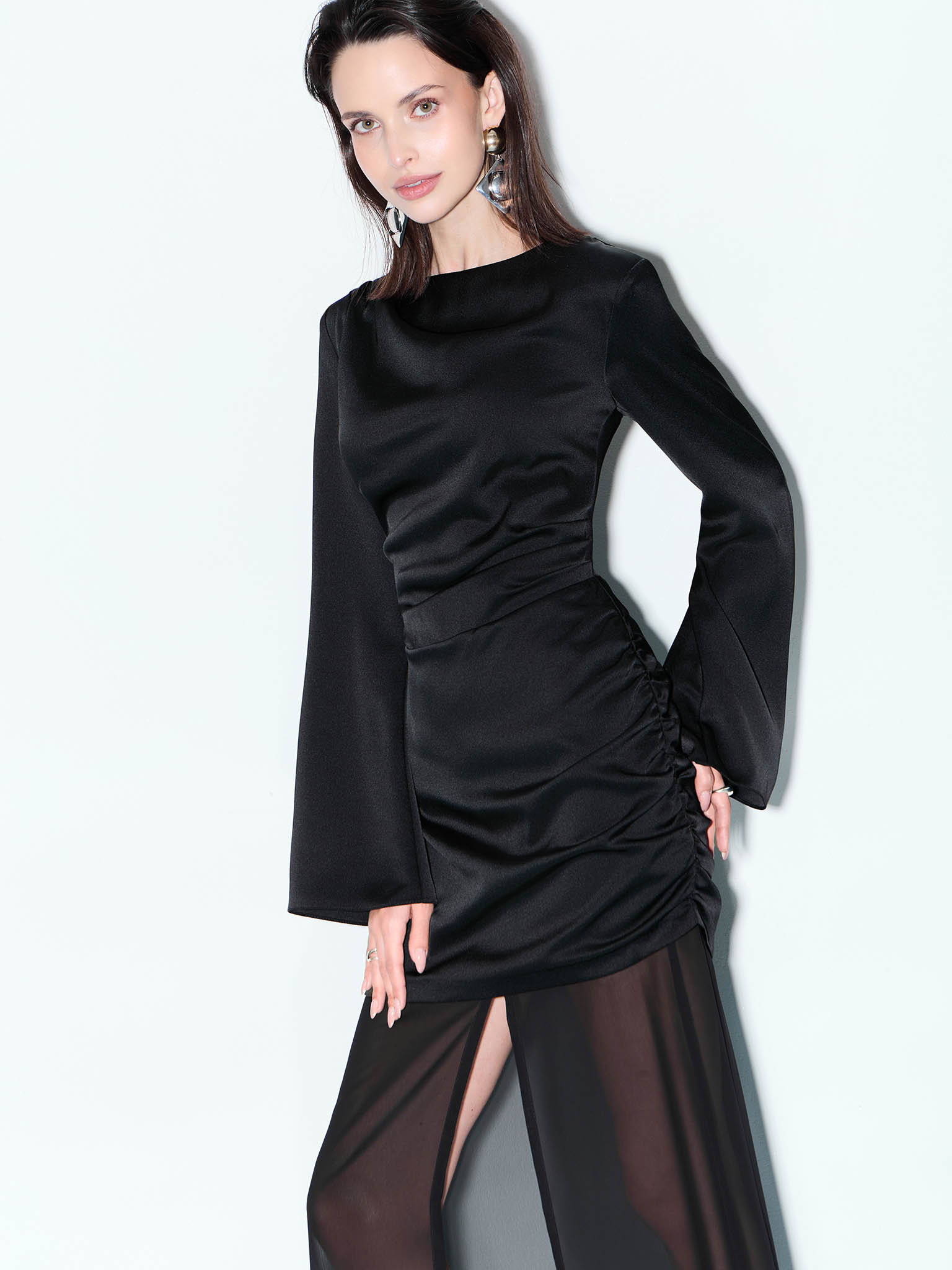 Satin mini dress with semi-transparent skirt