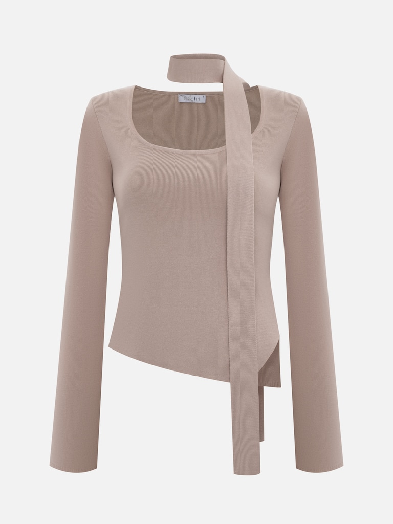 Трикотажный топ с асимметричным краем и шарфом-лентой