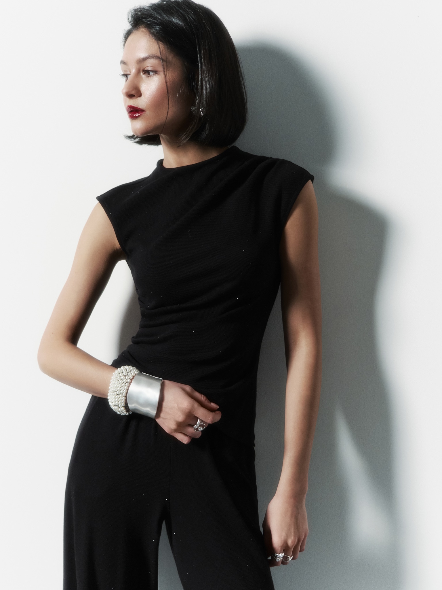 Jersey top with small gathers and rhinestones