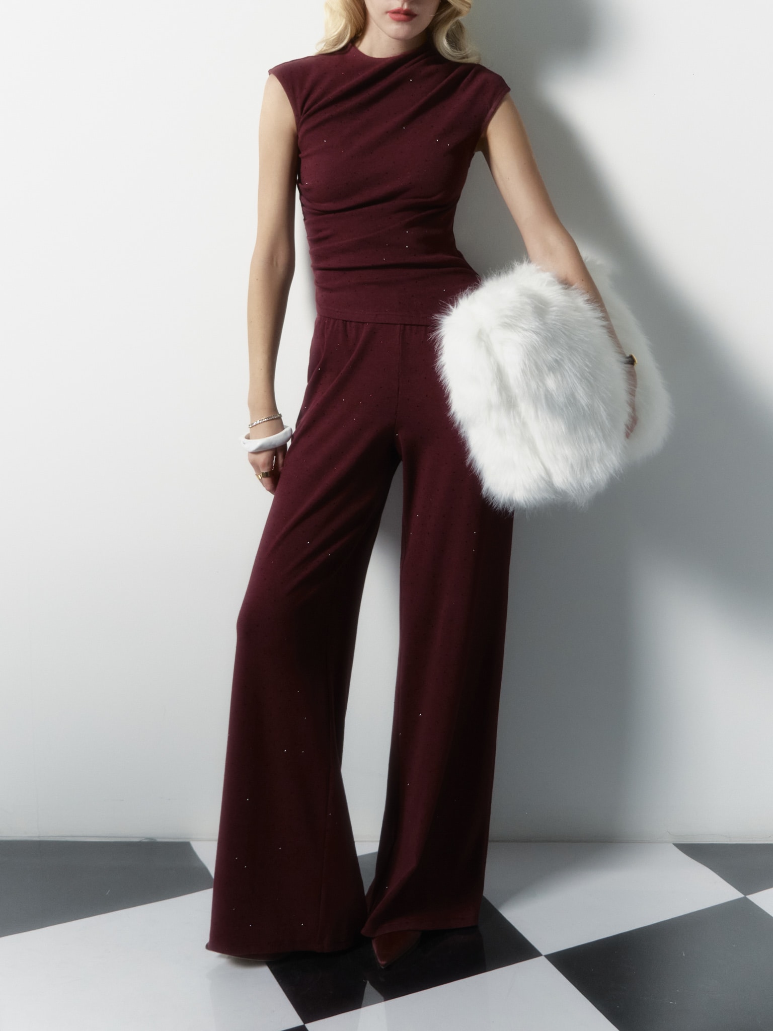 Jersey top with small gathers and rhinestones