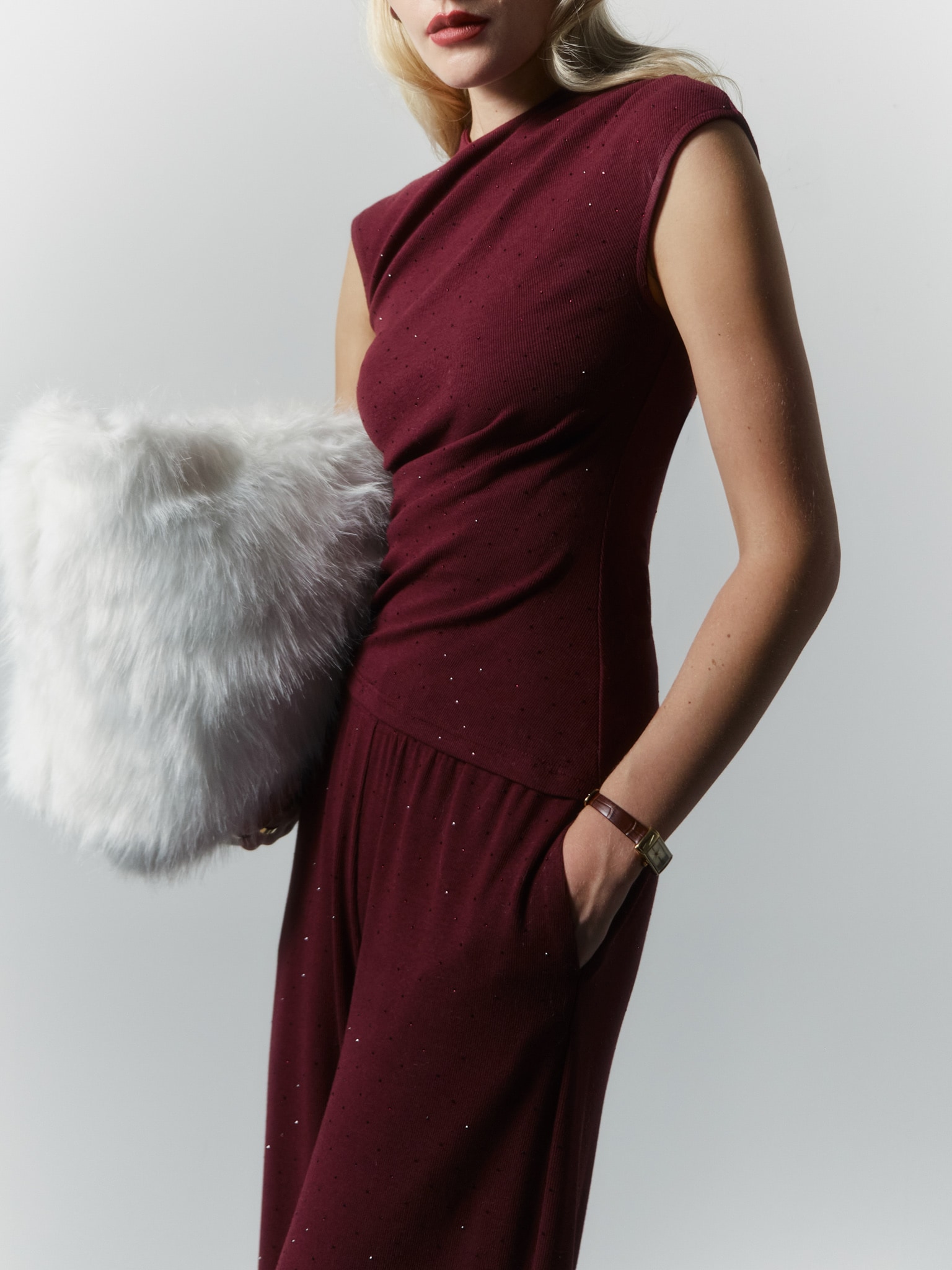 Jersey top with small gathers and rhinestones