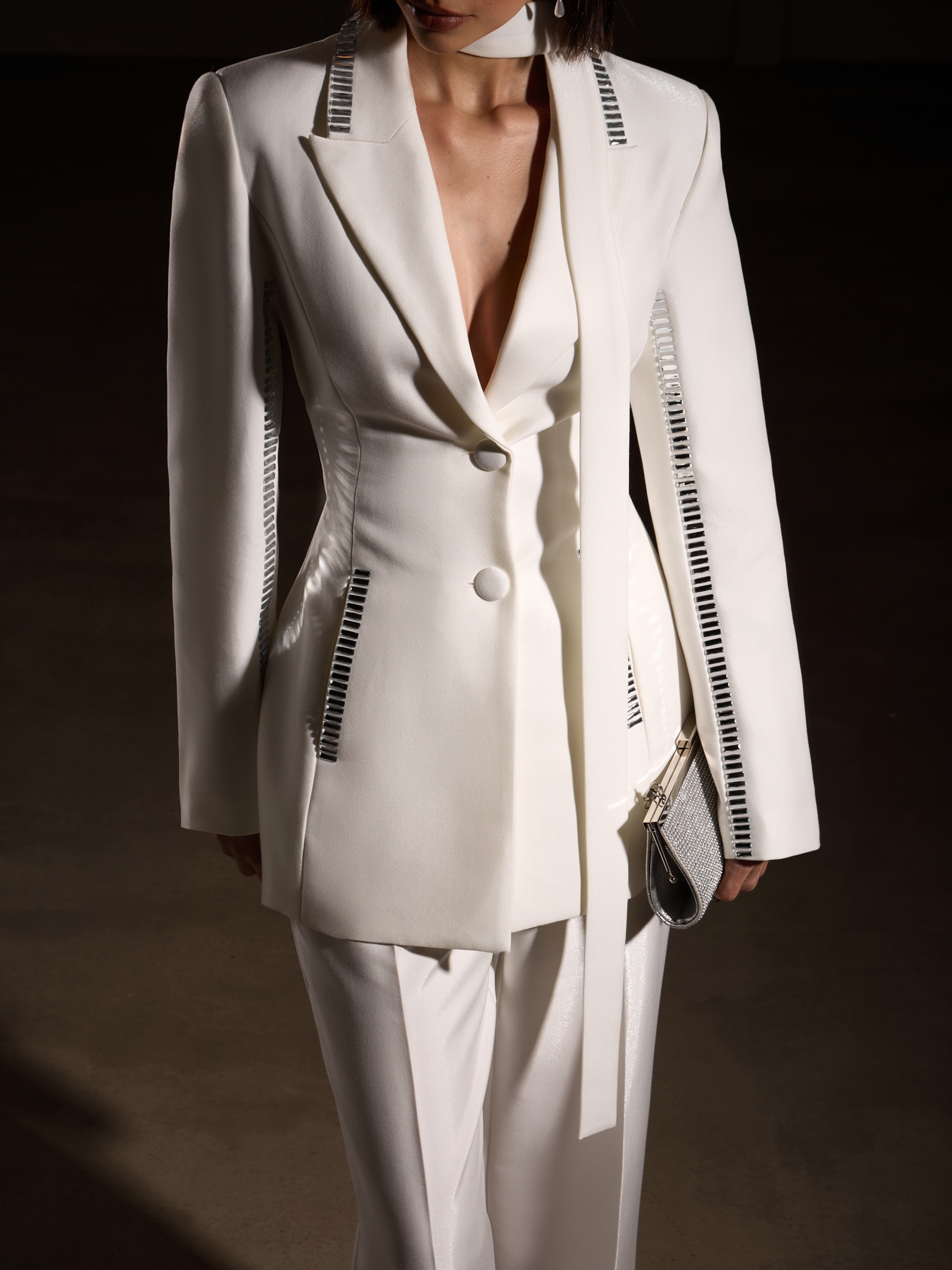 Fitted blazer with silvertone decor and matching ribbon scarf