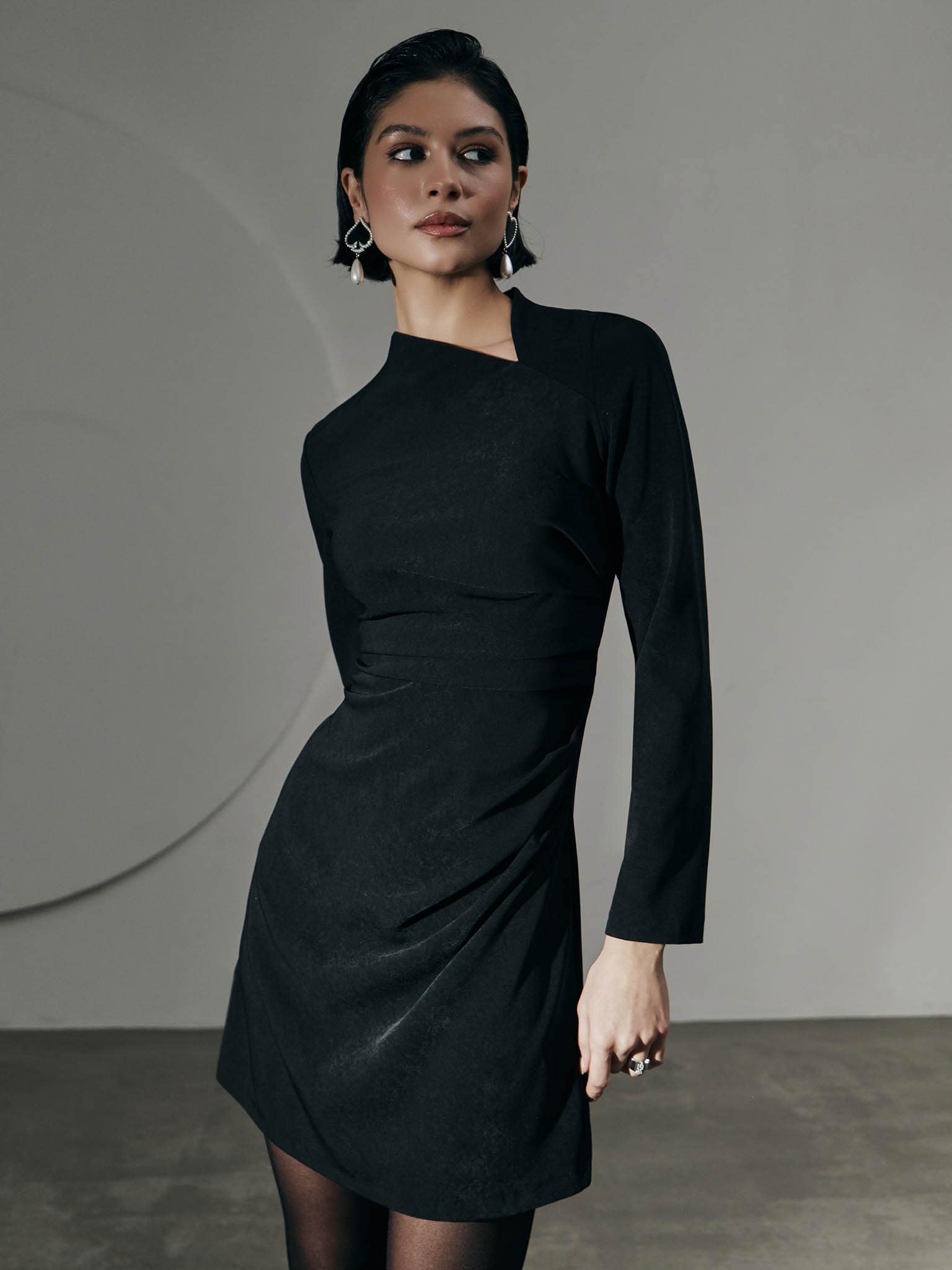 Smooth fabric mini dress with draped front