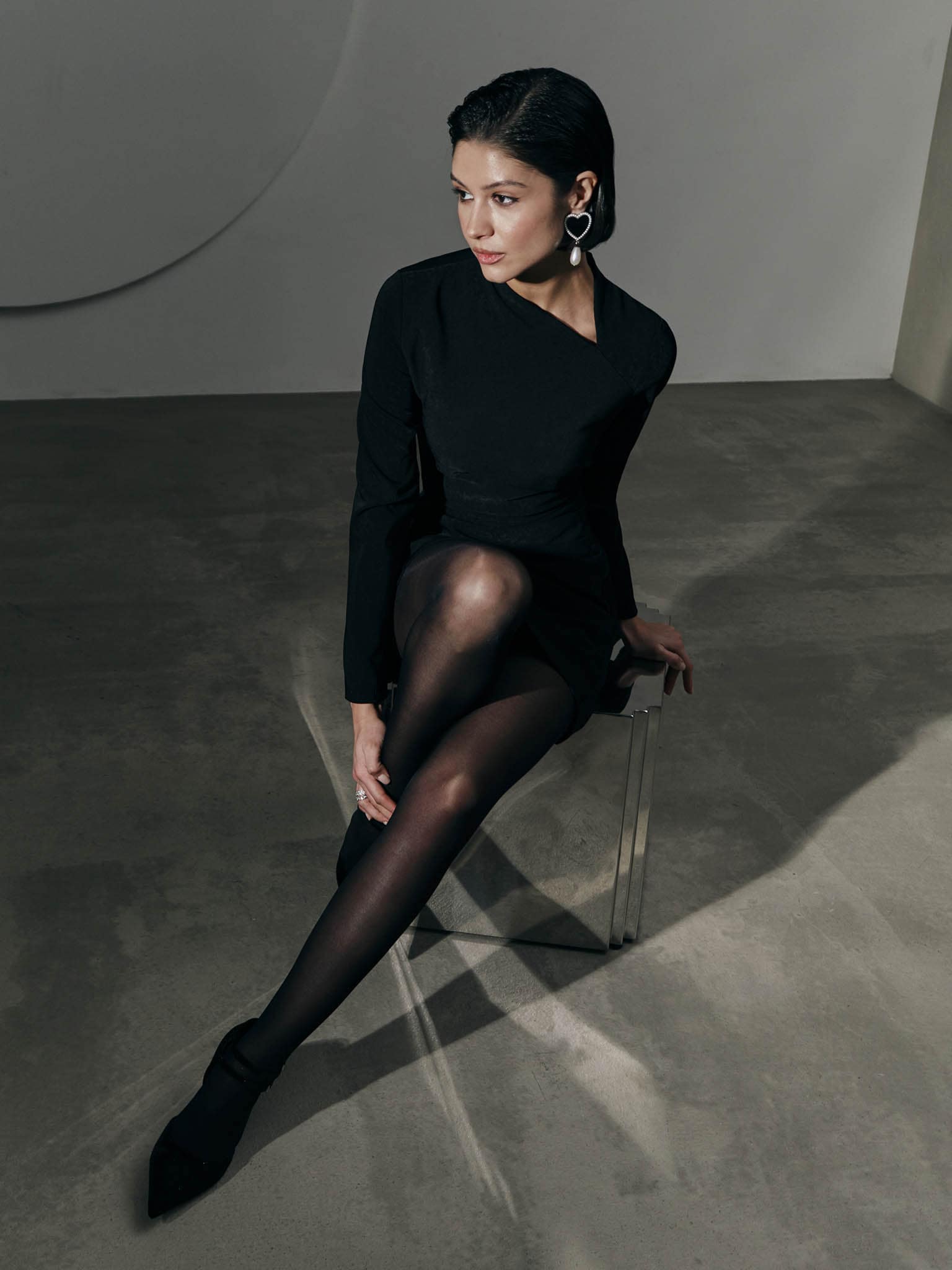 Smooth fabric mini dress with draped front