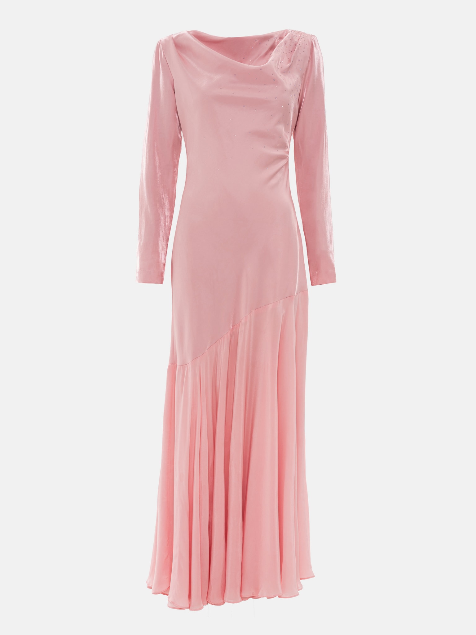 Fitted satin maxi dress with rhinestones on the bodice