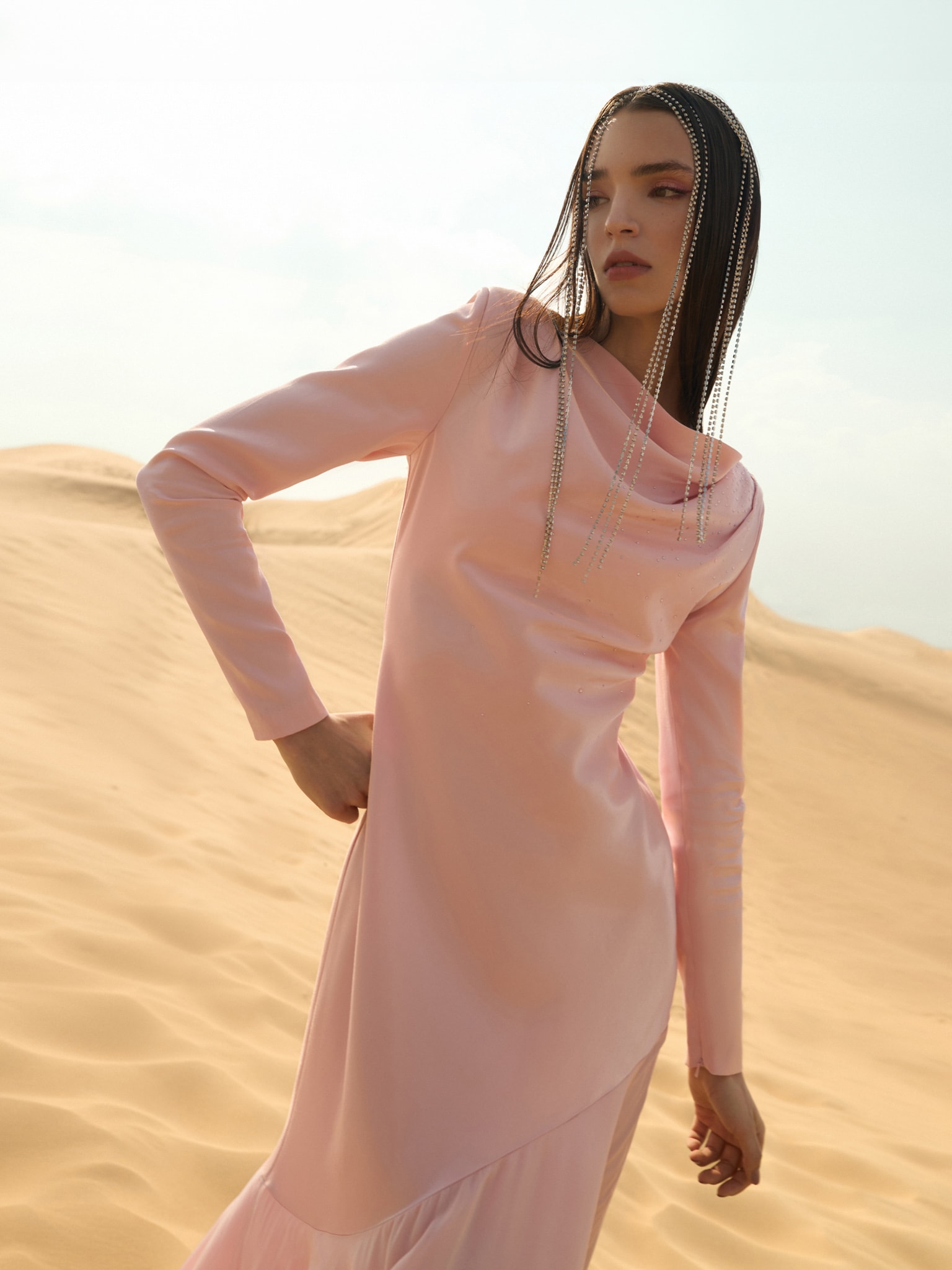 Fitted satin maxi dress with rhinestones on the bodice