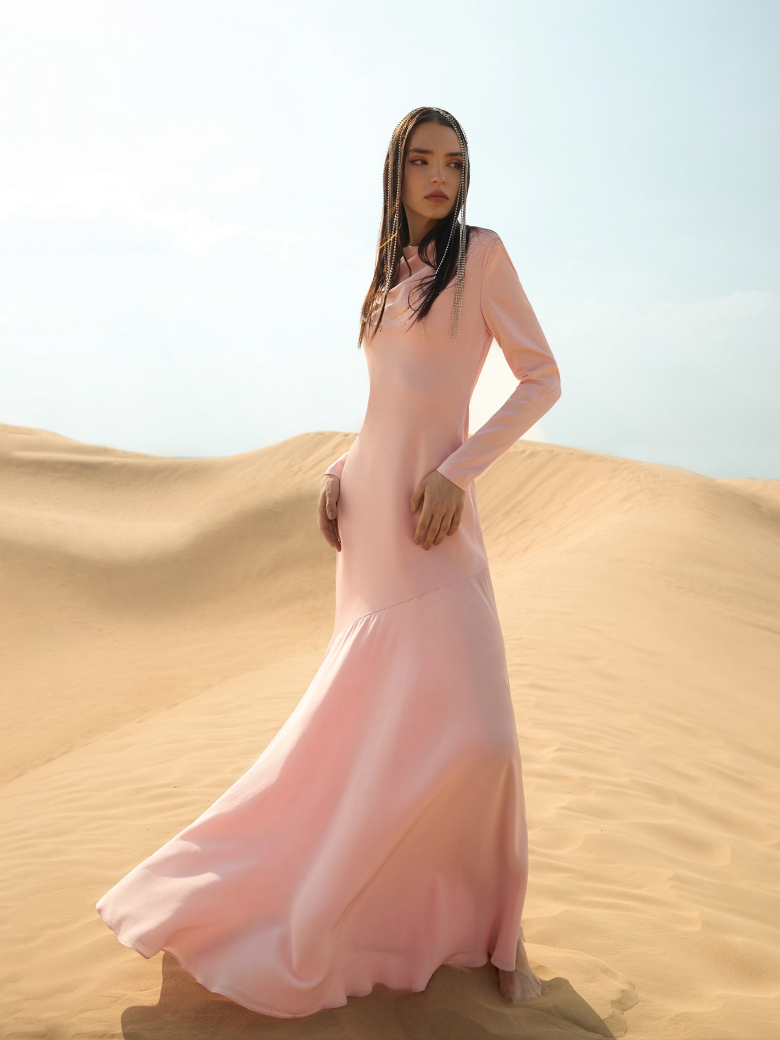 Fitted satin maxi dress with rhinestones on the bodice