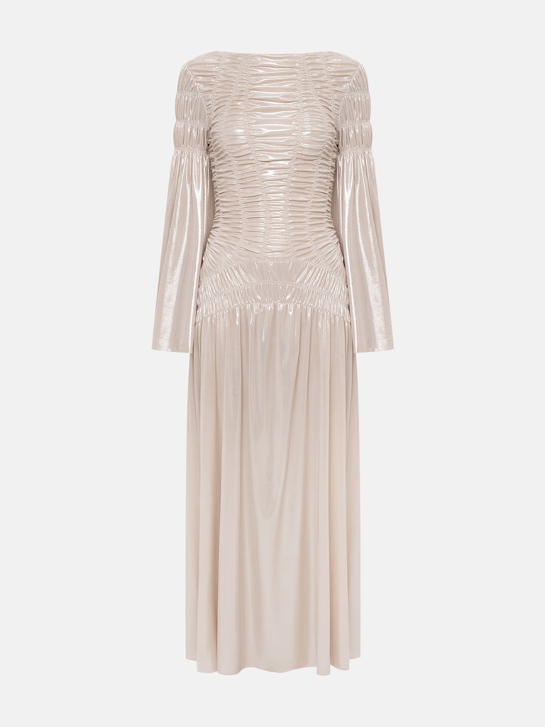 Robe longue métallisée avec fronces sur le corsage et les épaules