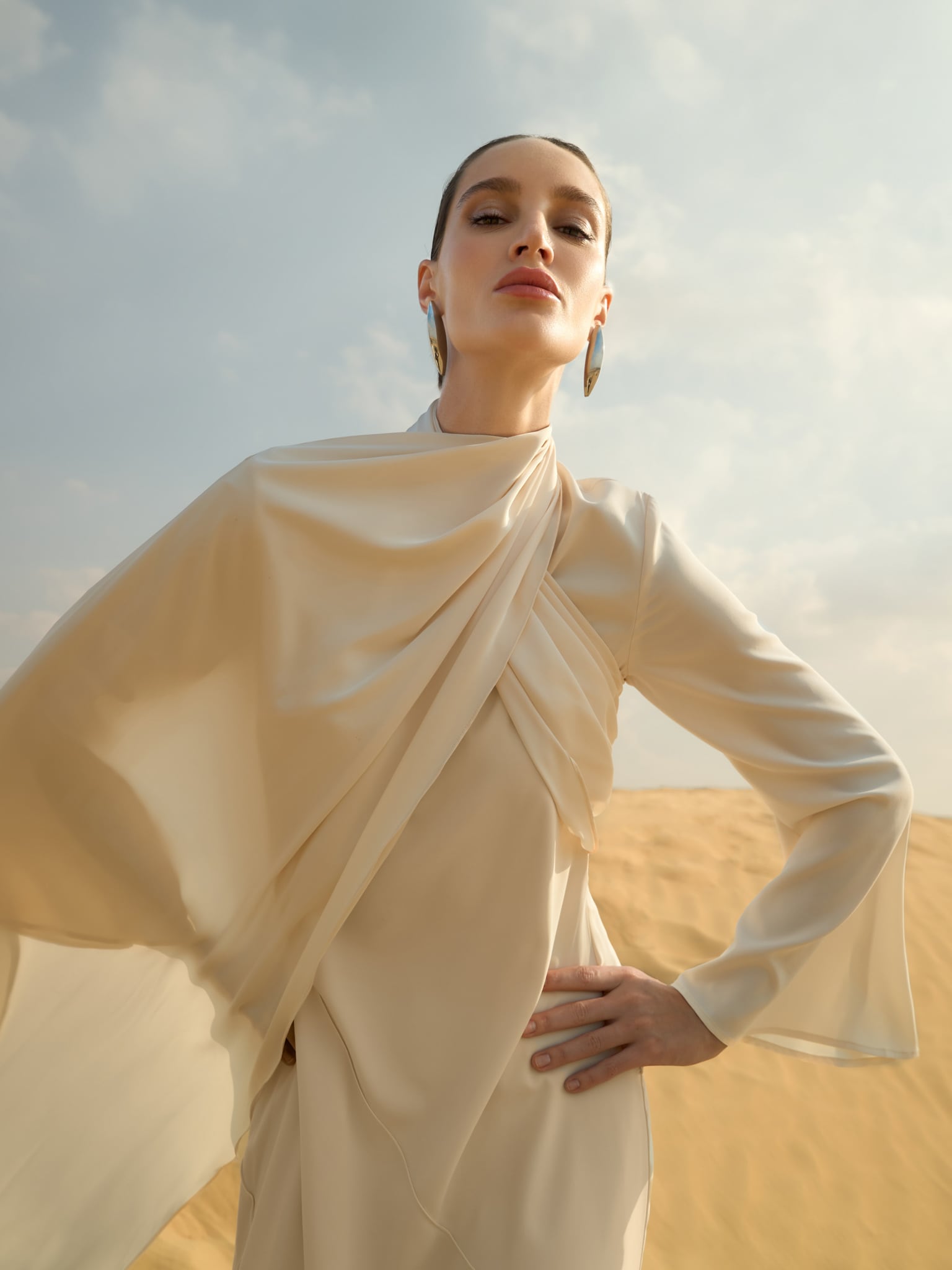 Maxi dress with asymmetrical draped bodice