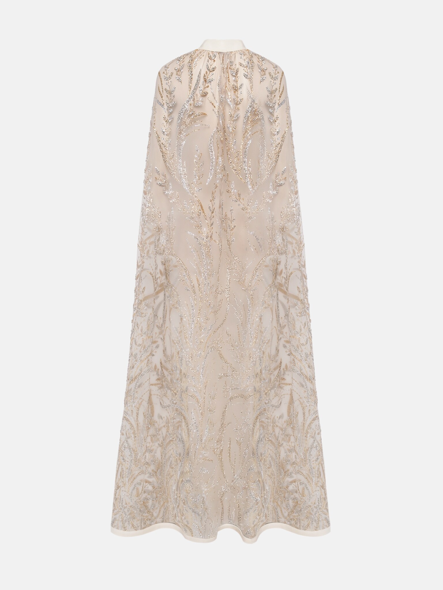 Translucent floor-length cape with glittering pattern
