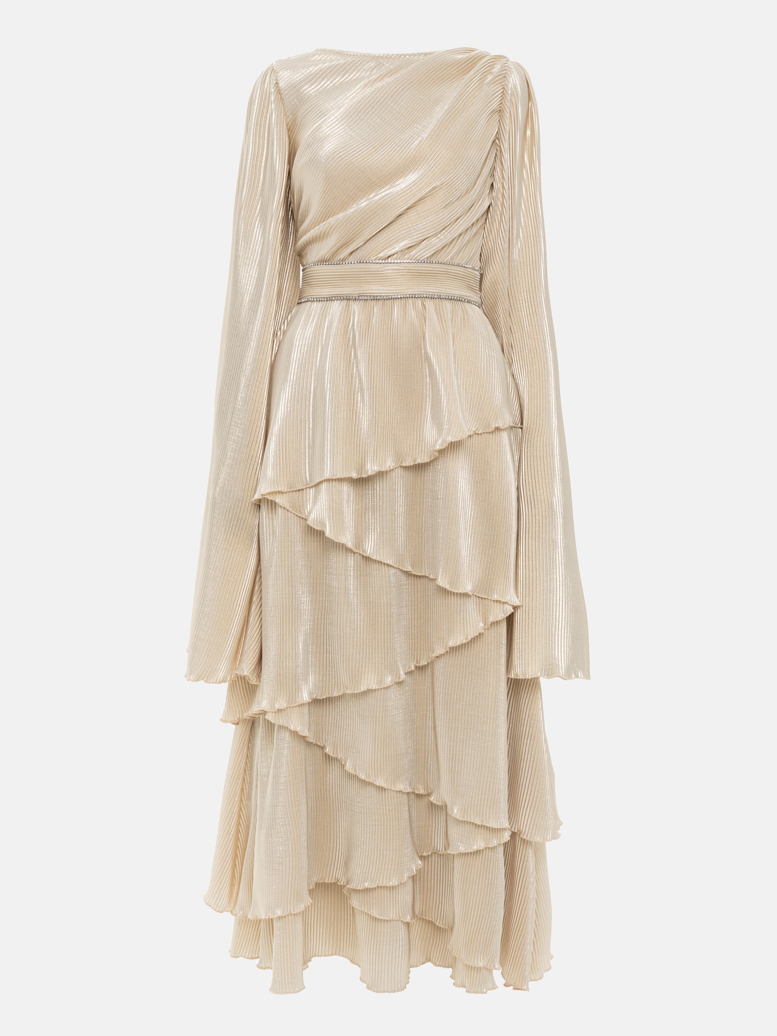 Pleated maxi dress with layered skirt and rhinestone decor at the waist