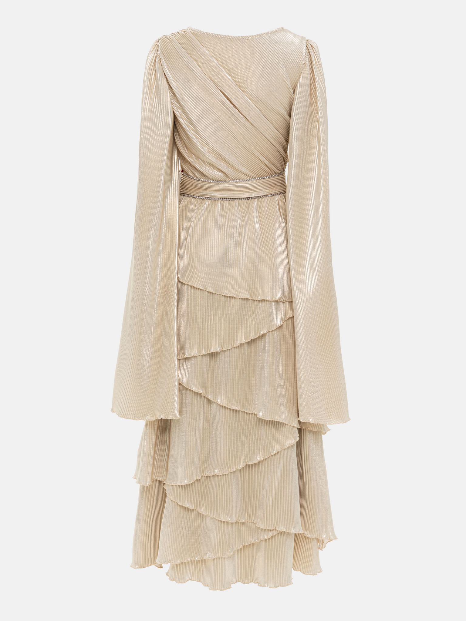 Pleated maxi dress with layered skirt and rhinestone decor at the waist