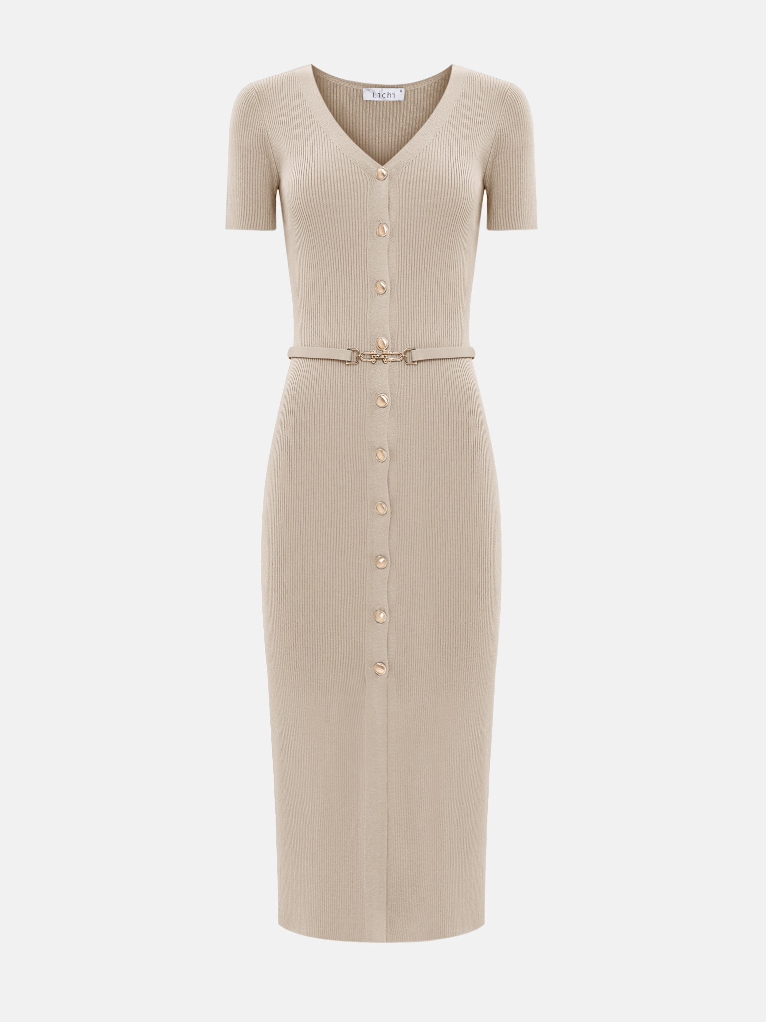 Knitted midi dress with buttons at the front and matching belt