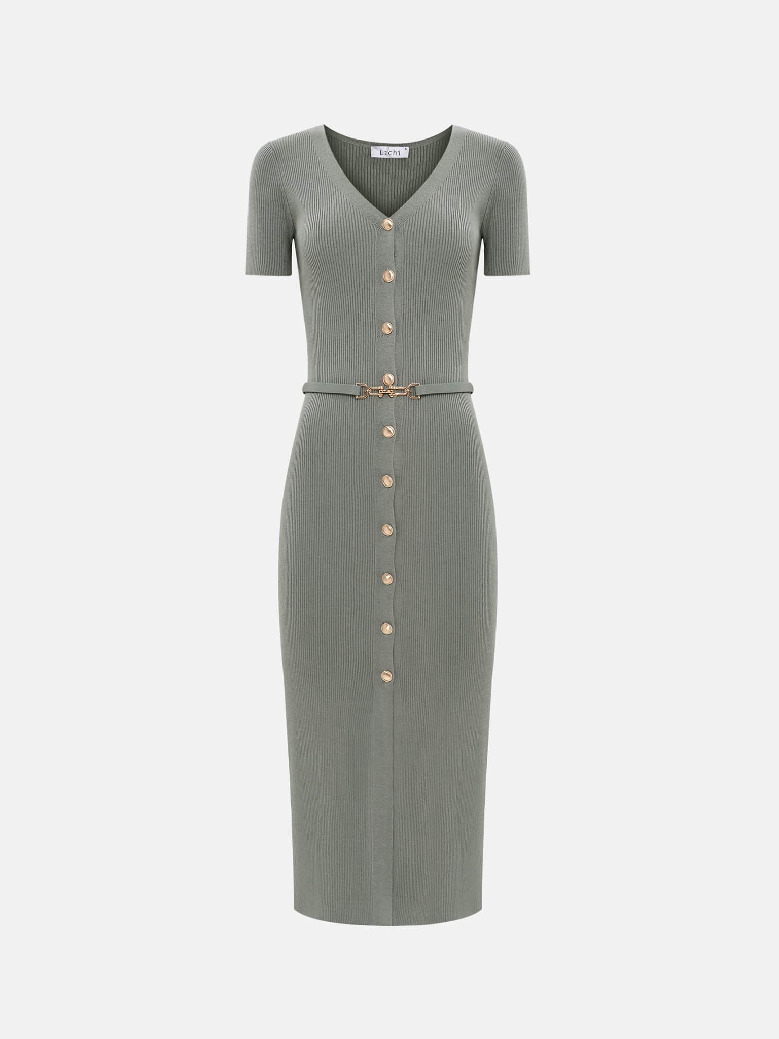 Knitted midi dress with buttons at the front and matching belt