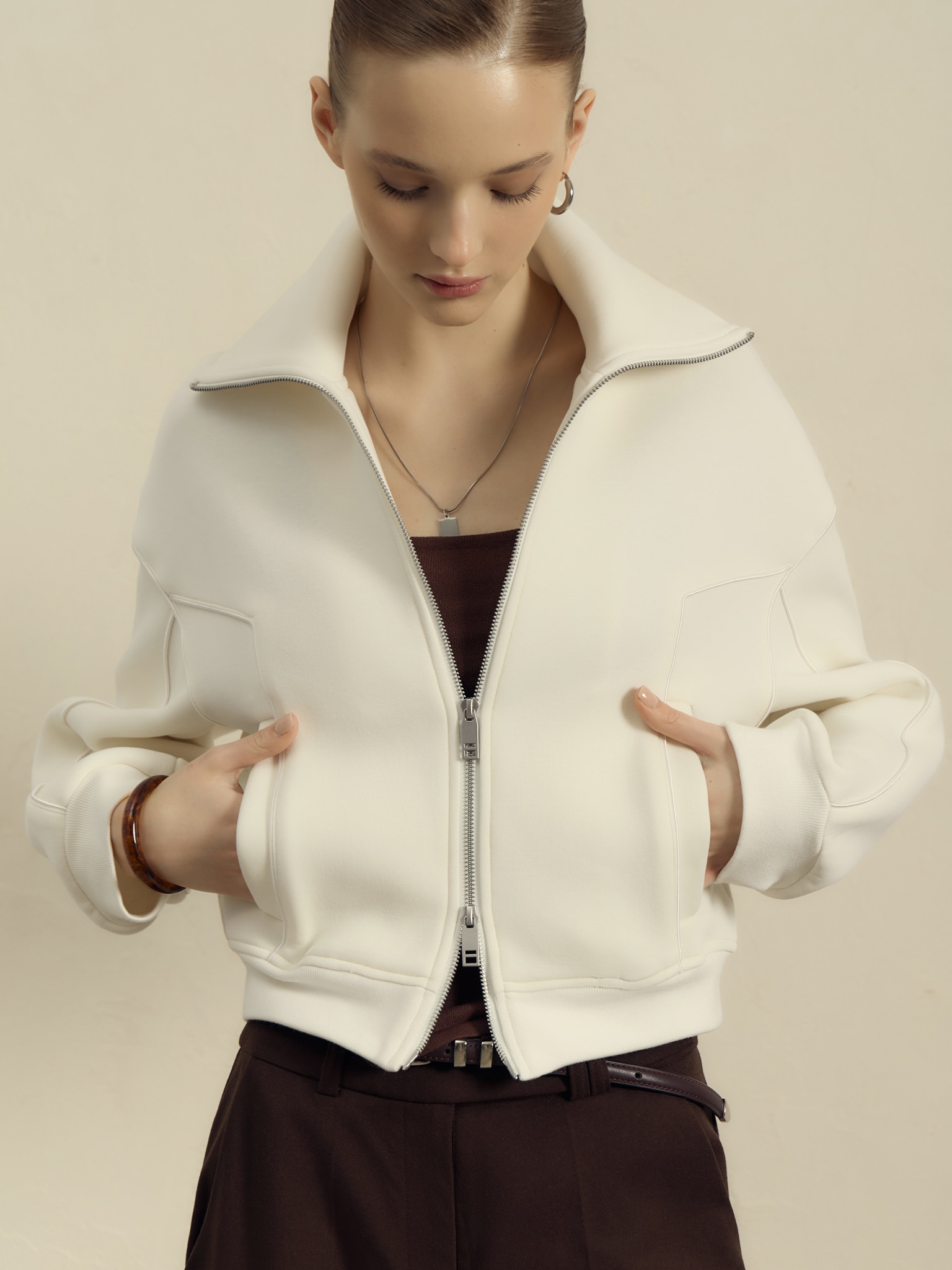 High collar zip-up hoodie