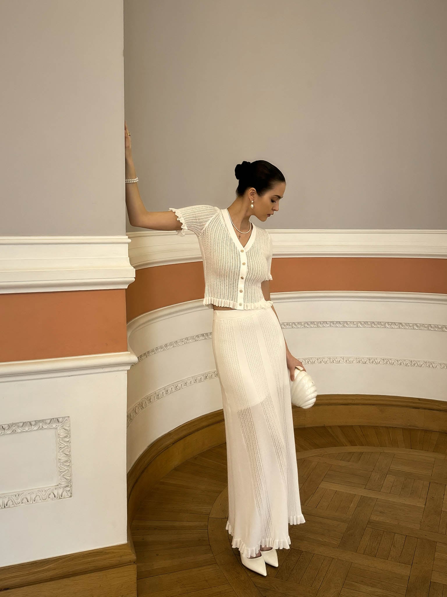 Openwork jersey top with short sleeves