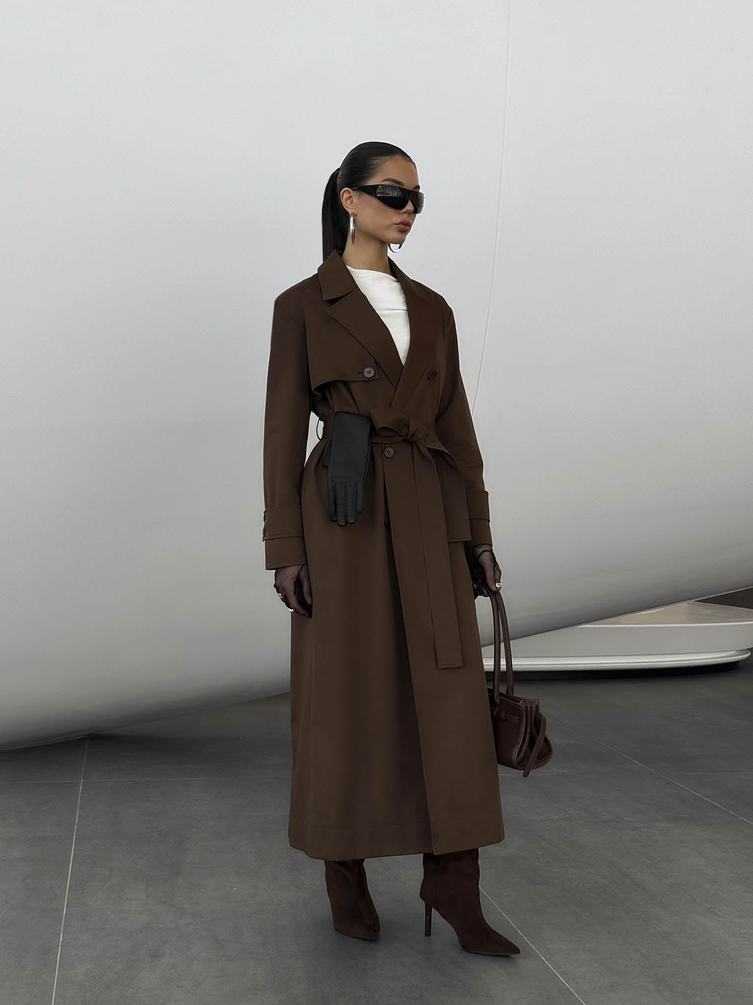 Double-breasted maxi trench coat with tonal belt :: LICHI Online