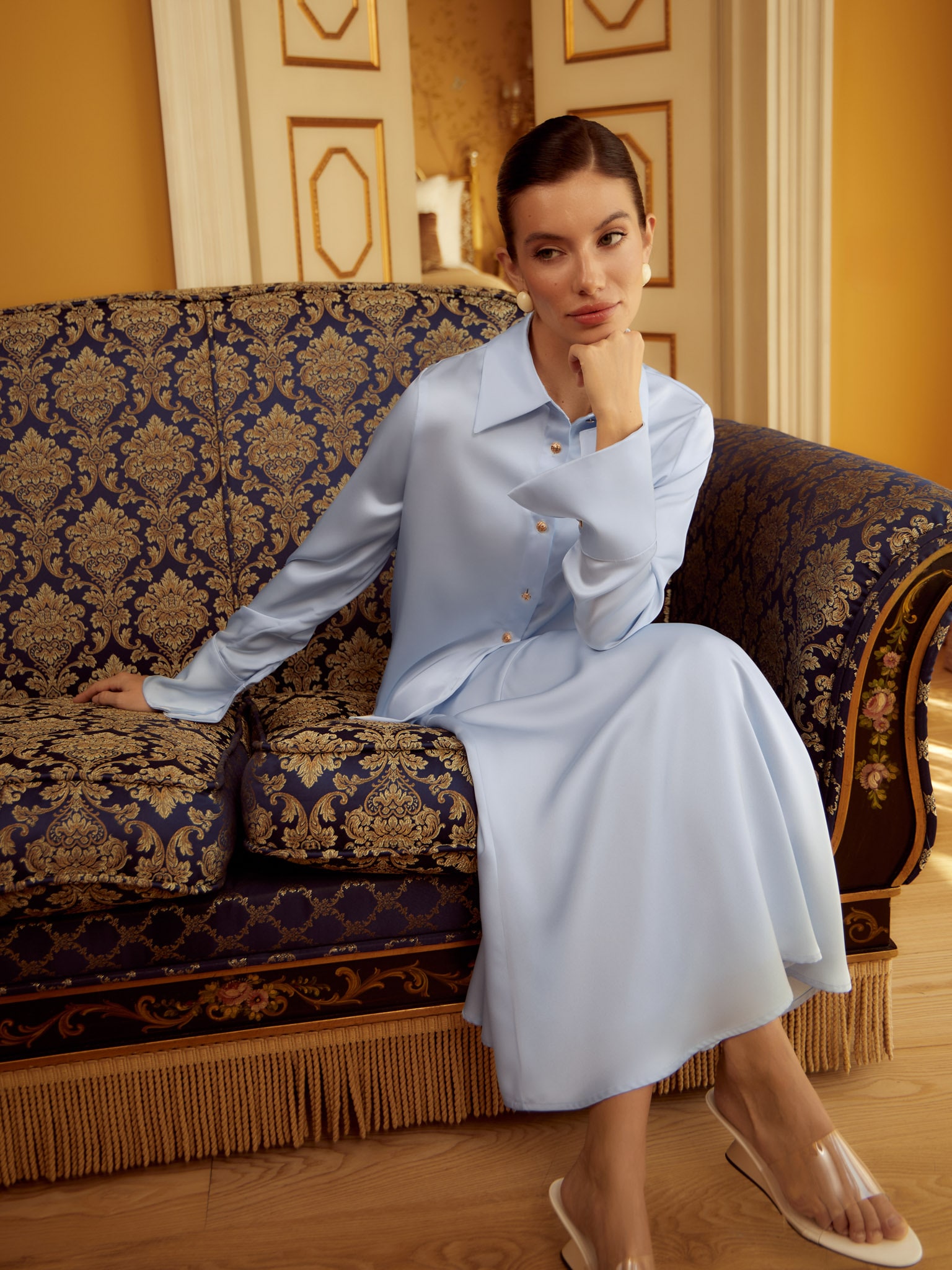 Satin maxi skirt with diagonal stitching