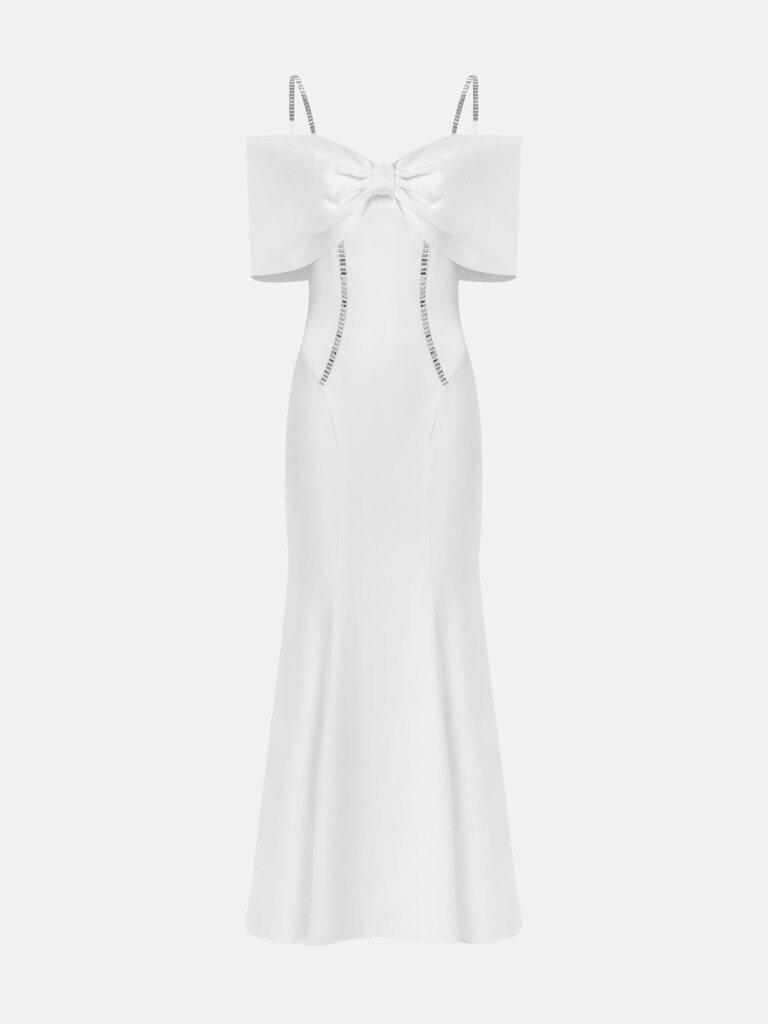 Платье макси с открытыми плечами и серебристым декором