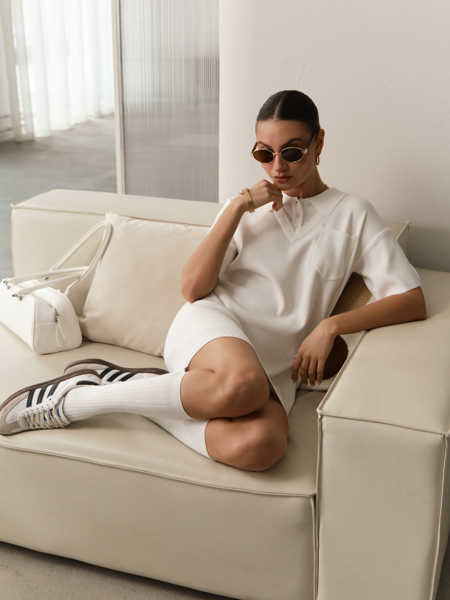 Mini knitted dress with polo collar