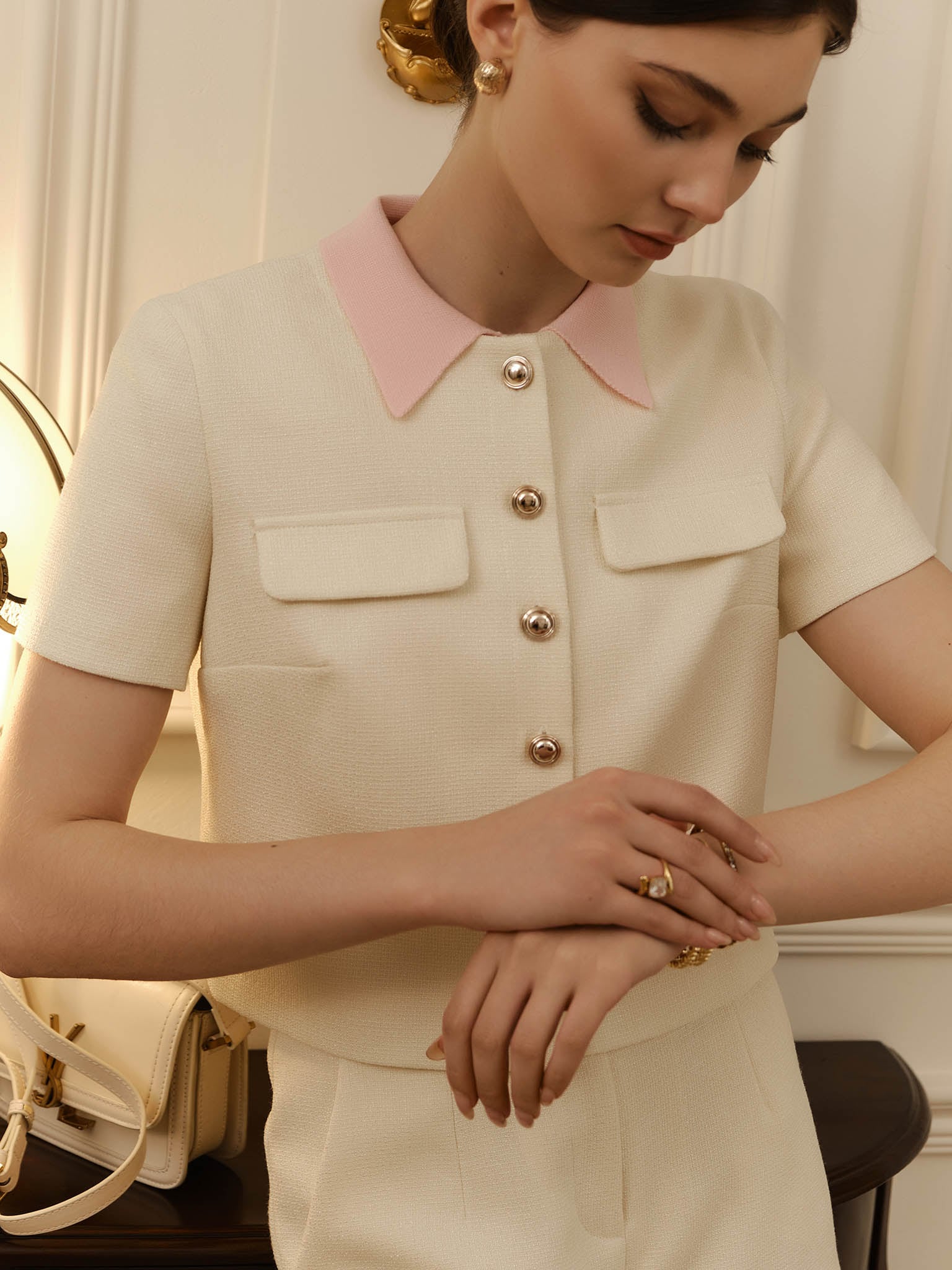 Tweed straight jacket with short sleeves